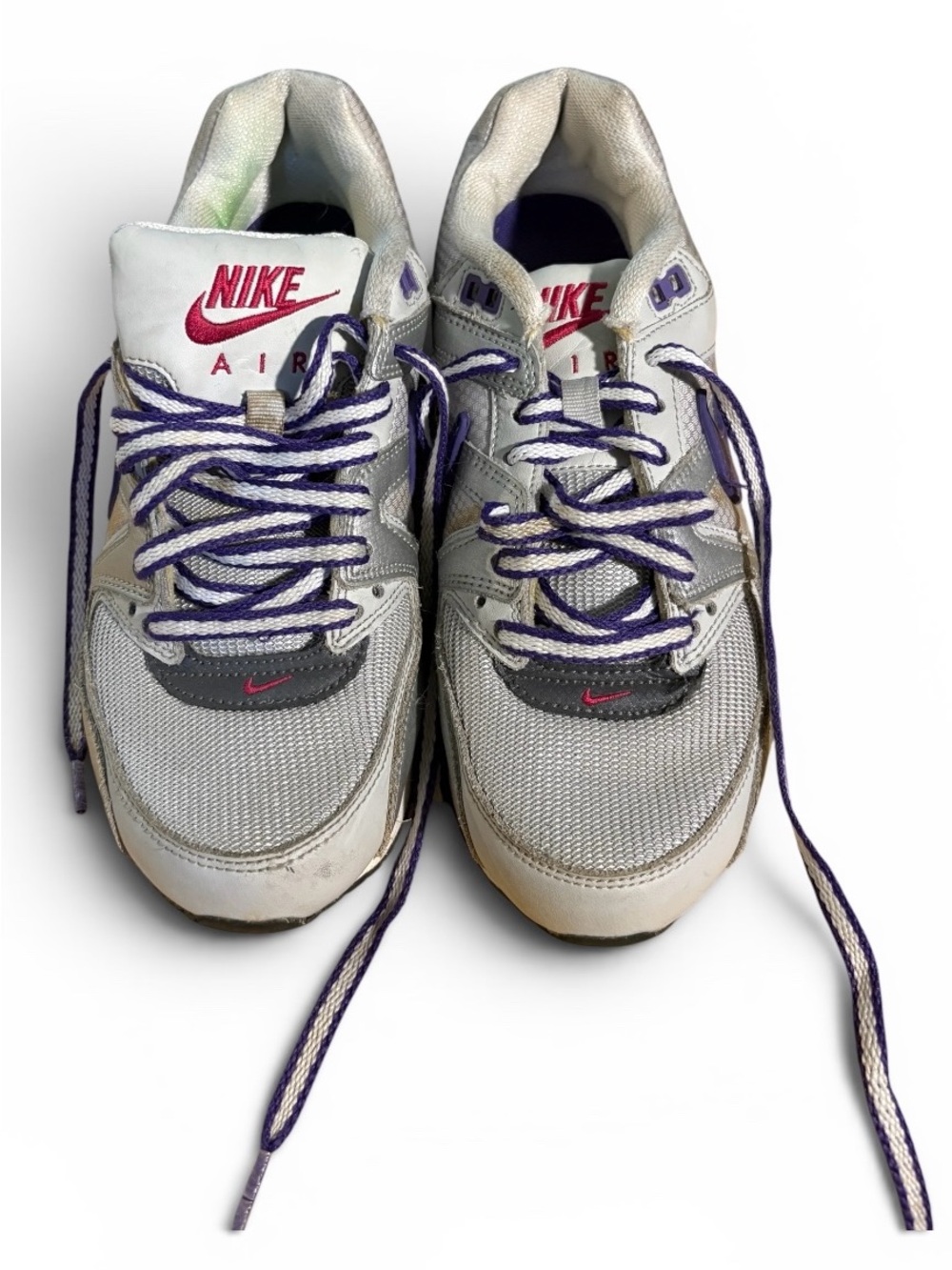 Nike Grey Sneakers with Purple Laces and Pink Logo